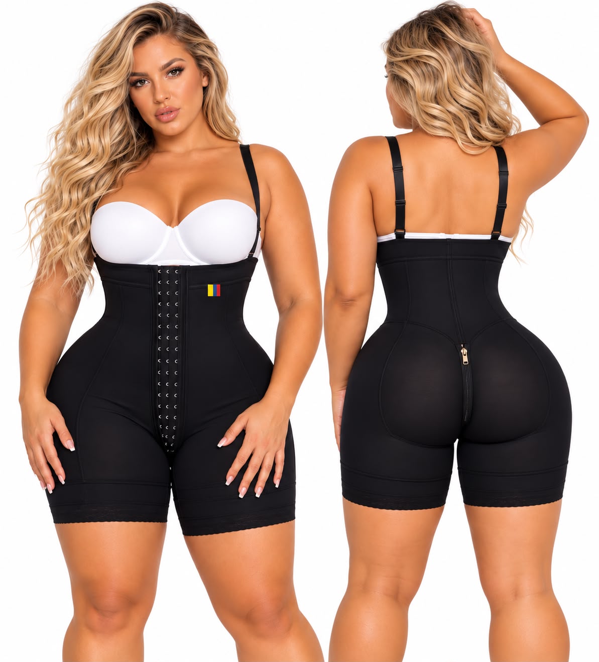 Black GIGi strapless Colombian faja, front and back view with hook closure and rear zipper