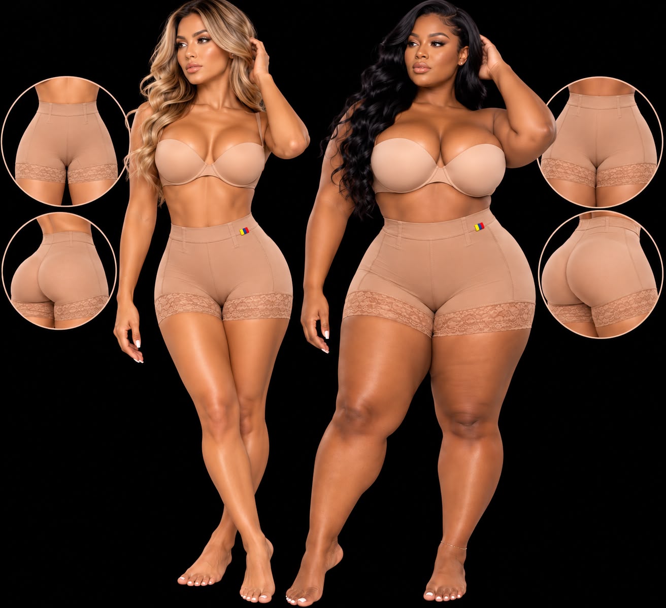 Nude Colombian waist and booty mini shaping shorts shown on two models with detail insets