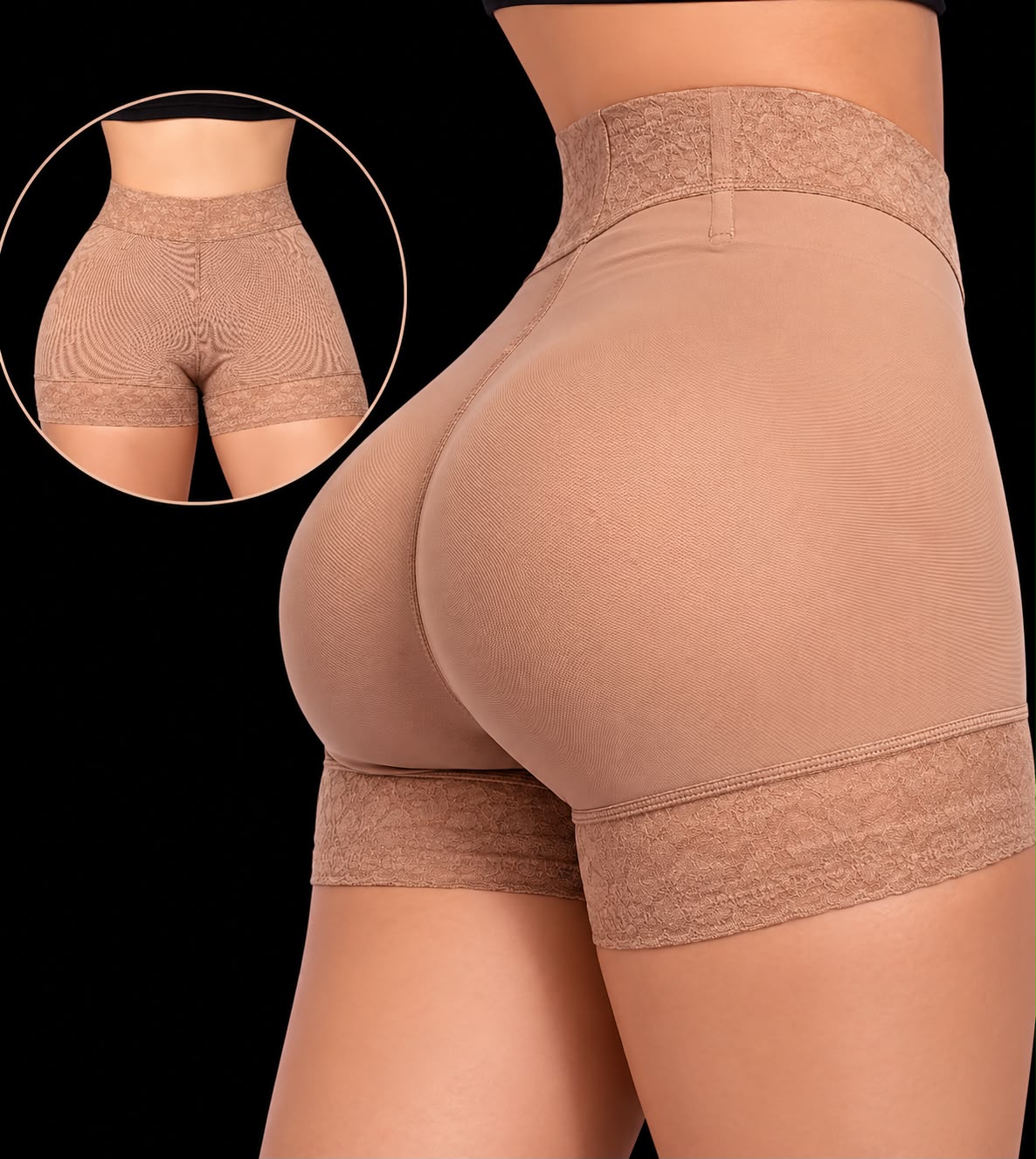 Nude Colombian waist and booty shaping shorts with lace trim, side and back view