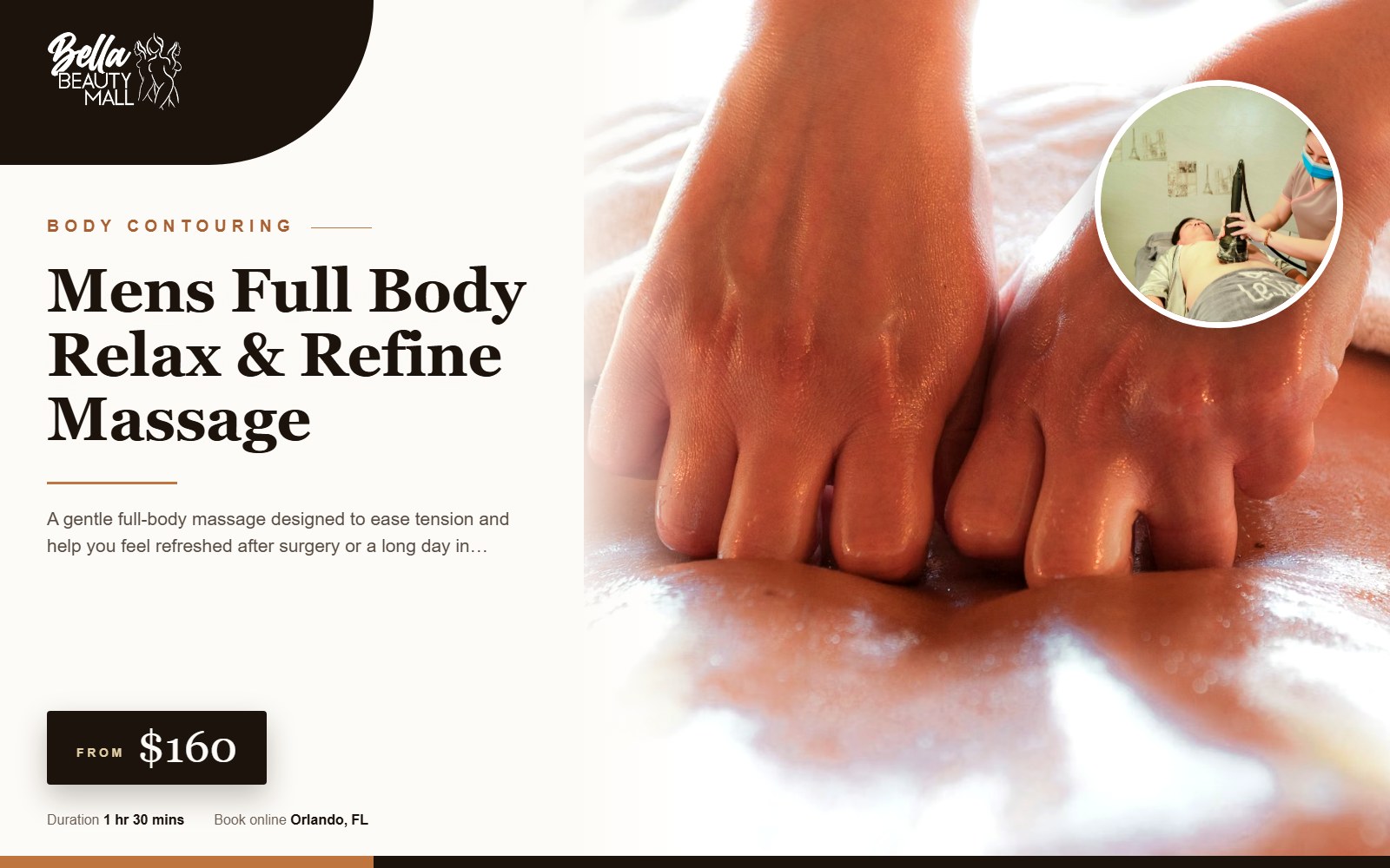 Mens Full Body Relax & Refine Massage at Bella Beauty Mall in Orlando, FL